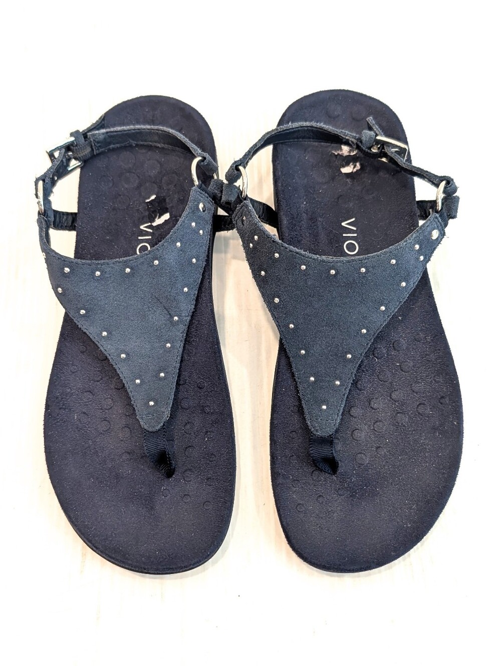 VIONIC Margot Studs Navy Suede Thong Slingback Sandals Size 7.5